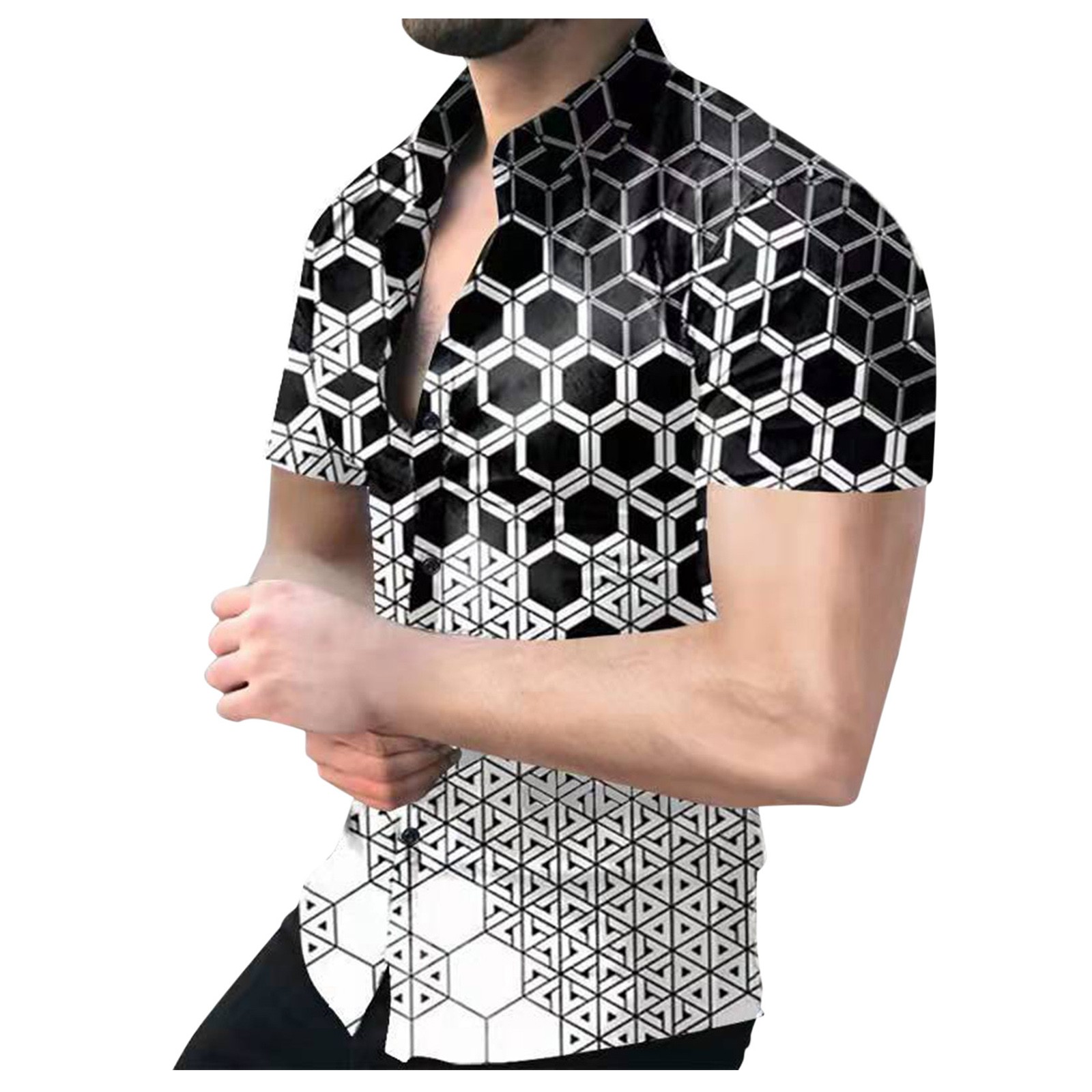 Men's Casual Blouse Male Summer 3D Print Short Sleeve Turn Down Collar Loose Button Down Shirt